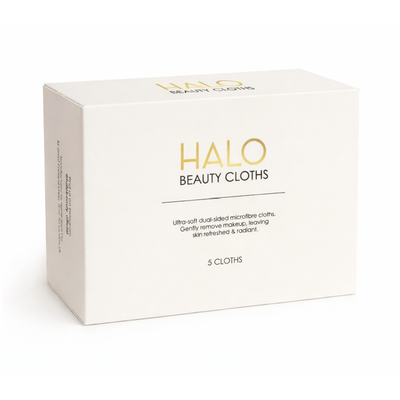 HALO Beauty Cloths – Ultra-Soft Dual-Sided Microfibre Makeup Remover Cloths (5 Pack) | Reusable, Gentle Cleansing | Luxuriously Soft | 5 Pack (30 x 30 cm)